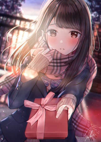 Anime picture 1458x2054 with original sakura (39ra) single long hair tall image looking at viewer fringe black hair brown eyes signed outdoors nail polish parted lips evening outstretched hand valentine pink nail polish girl uniform school uniform