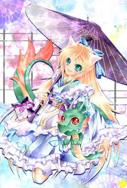 Anime picture 1181x1748 with original midzuki long hair tall image looking at viewer open mouth blonde hair animal ears aqua eyes cat ears girl dress bow hair bow dragon
