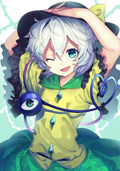 Anime picture 1447x2047 with touhou komeiji koishi uu uu zan single tall image looking at viewer fringe short hair open mouth simple background smile hair between eyes green eyes silver hair one eye closed wide sleeves arms up short sleeves symbol-shaped pupils ;d