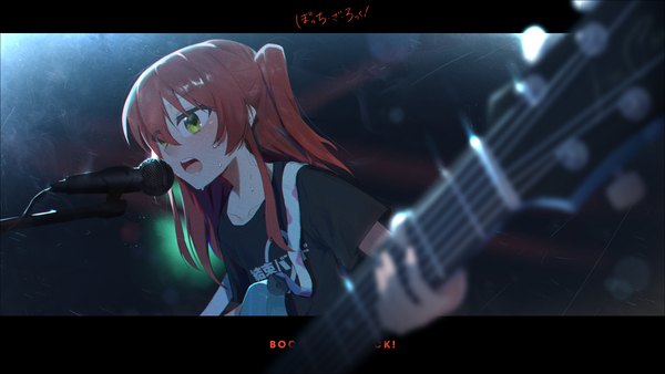 Anime picture 5124x2884 with bocchi the rock! cloverworks kita ikuyo cr iws t 72 single long hair fringe highres hair between eyes wide image green eyes absurdres red hair sweat copyright name one side up letterboxed playing instrument singing concert