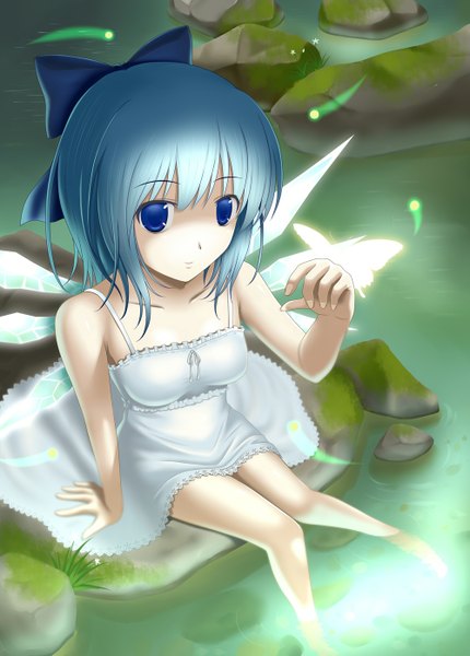 Anime picture 1000x1395 with touhou cirno unshu mikan single tall image short hair blue eyes blue hair girl bow hair bow wings insect butterfly sundress