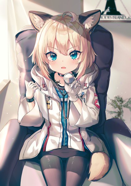 Anime picture 2894x4093 with arknights sussurro (arknights) nam single tall image looking at viewer blush fringe highres short hair open mouth blue eyes blonde hair hair between eyes sitting holding animal ears ahoge indoors tail