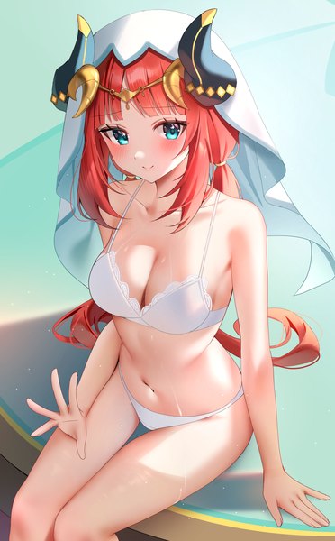 Anime picture 2728x4398 with genshin impact nilou (genshin impact) educk single long hair tall image looking at viewer blush fringe highres breasts light erotic large breasts sitting twintails cleavage red hair blunt bangs horn (horns) aqua eyes
