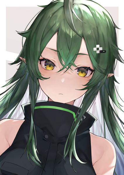 Anime picture 4961x7016 with arknights gavial (arknights) kabi (zcwd8845) single long hair tall image looking at viewer blush fringe highres hair between eyes bare shoulders yellow eyes payot absurdres upper body ahoge multicolored hair green hair pointy ears