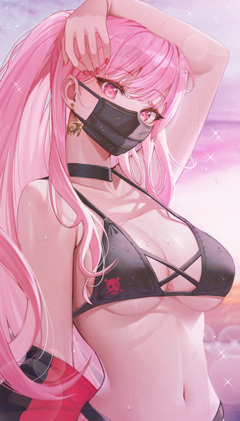 Anime picture 2894x5068 with virtual youtuber hololive hololive english mori calliope sanada keisui single long hair tall image looking at viewer blush fringe highres breasts light erotic large breasts pink hair sky upper body ponytail nail polish