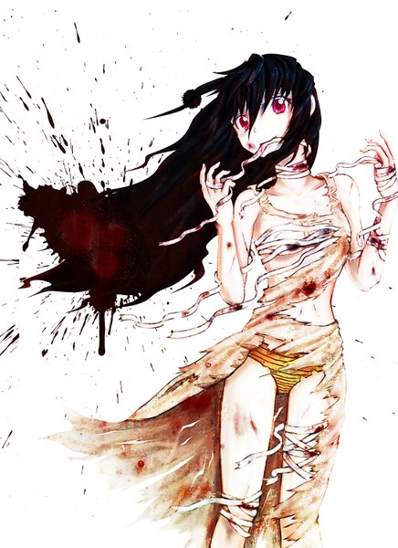 Anime picture 1091x1500 with original samael single long hair tall image looking at viewer light erotic black hair bare shoulders pink eyes light smile mouth hold torn clothes guro girl underwear panties blood bandage (bandages)