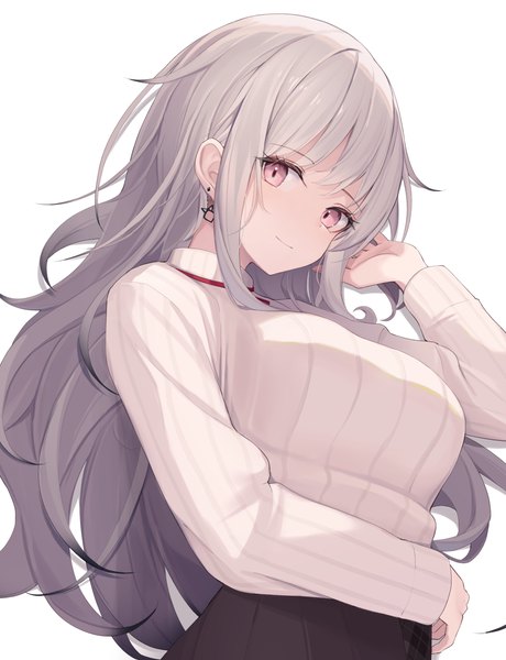 Anime picture 2068x2697 with original mizu (lzzrwi603) single long hair tall image looking at viewer highres simple background white background upper body pink eyes light smile grey hair from below girl earrings
