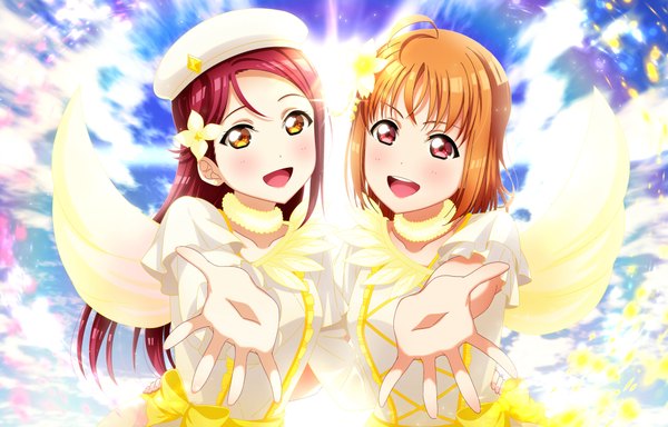 Anime picture 4250x2727 with love live! sunshine!! sunrise (studio) love live! sakurauchi riko takami chika kougi hiroshi long hair looking at viewer blush fringe highres short hair open mouth smile red eyes multiple girls yellow eyes absurdres ahoge upper body