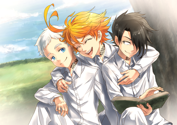 Anime picture 2105x1488 with yakusoku no neverland cloverworks emma (yakusoku no neverland) norman (yakusoku no neverland) ray (yakusoku no neverland) r777668 looking at viewer fringe highres short hair open mouth blue eyes black hair smile hair between eyes sitting holding looking away sky cloud (clouds)