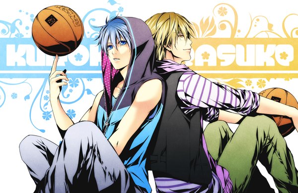 Anime picture 2000x1296 with kuroko no basket production i.g kuroko tetsuya kise ryouta kawahito yasu take highres short hair open mouth blue eyes blonde hair smile sitting yellow eyes blue hair back to back boy hood ball jeans basketball ball