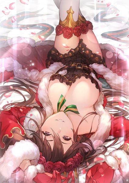 Anime picture 1414x2000 with granblue fantasy rosetta (granblue fantasy) kakage single long hair tall image looking at viewer blush fringe breasts light erotic smile hair between eyes brown hair large breasts purple eyes cleavage lying parted lips hair flower