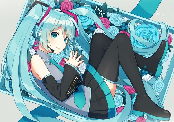 Anime picture 1446x1019 with vocaloid hatsune miku aona (noraneko) single fringe smile twintails full body lying very long hair pleated skirt aqua eyes aqua hair on side hands clasped in container girl skirt flower (flowers) detached sleeves