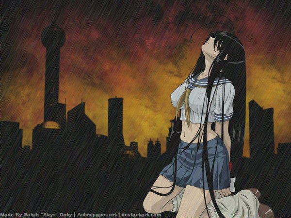 Anime picture 1024x768 with ikkitousen kanu unchou rubenal24 single long hair breasts light erotic black hair large breasts signed outdoors eyes closed profile pleated skirt night midriff kneeling city covered nipples rain