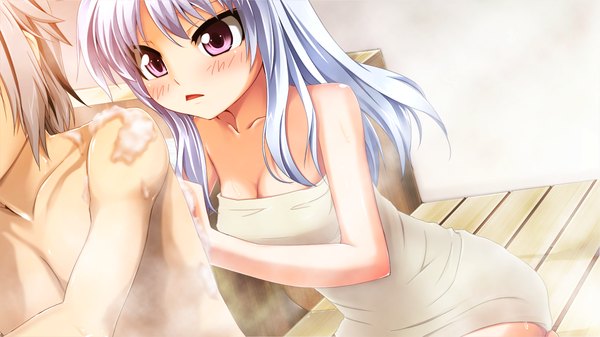 Anime picture 1280x720 with sangoku hime unicorn-a long hair blush light erotic wide image purple eyes game cg white hair naked towel girl towel