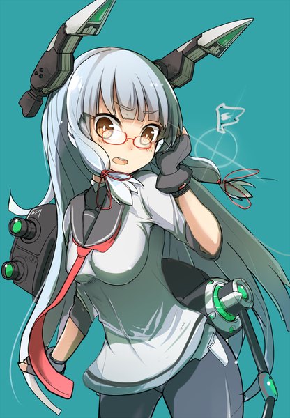 Anime picture 1000x1442 with kantai collection murakumo destroyer arai seiryuu single tall image looking at viewer blush simple background brown eyes silver hair tress ribbon surprised adjusting glasses bespectacled aqua background girl gloves hair ornament ribbon (ribbons) weapon