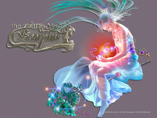 Anime picture 1600x1200 with kagaya single long hair simple background bare shoulders barefoot green hair realistic 3d zodiac scorpius (zodiac) scorpion girl flower (flowers) necklace tiara