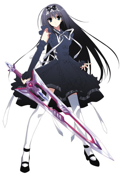 Anime picture 1280x1891 with phantom breaker nishina mikoto suzuhira hiro single long hair tall image blue eyes black hair simple background white background girl thighhighs dress bow weapon detached sleeves white thighhighs sword