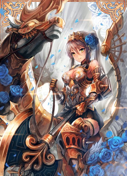 Anime picture 595x822 with original matsumoto mitsuaki long hair tall image brown hair twintails brown eyes hair flower girl hair ornament flower (flowers) weapon animal petals wings armor horse