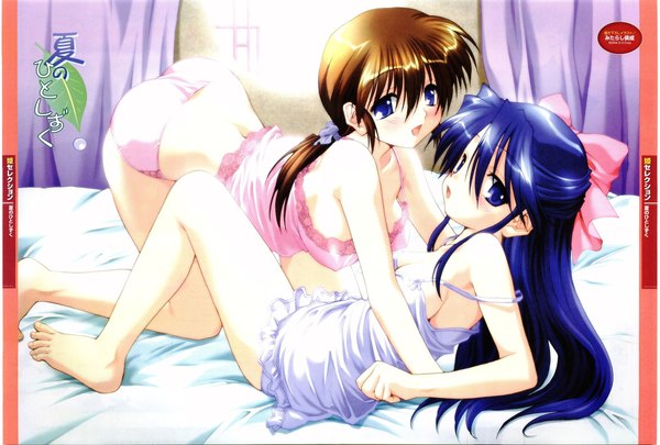 Anime picture 2368x1600 with mitarashi kousei highres light erotic underwear only shoujo ai underwear bed natsu no hitoshizuku senoo yuka yuuki kaho