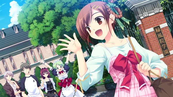 Anime picture 1280x720 with amakan (game) miyazono hitomi short hair open mouth blue eyes brown hair wide image multiple girls brown eyes game cg purple hair green hair multiple boys maid girl boy bow 3 girls 2 boys