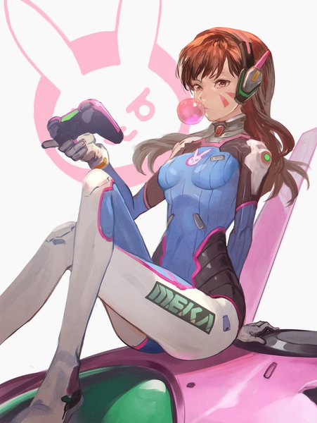 Anime picture 1127x1500 with overwatch blizzard entertainment d.va (overwatch) meka (overwatch) lack single long hair tall image brown hair white background sitting brown eyes arm support crossed legs facial mark whisker markings bubble blowing girl headphones bodysuit