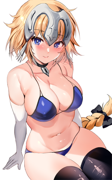 Anime picture 2301x3700 with fate (series) fate/grand order fate/apocrypha jeanne d'arc (fate) (all) jeanne d'arc (fate) zerocat single long hair tall image looking at viewer blush fringe highres breasts blue eyes light erotic simple background blonde hair large breasts white background