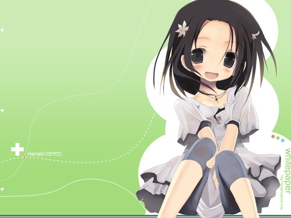 Anime picture 1600x1200 with shiro (octet) single looking at viewer blush short hair open mouth black hair sitting black eyes loli green background girl hair ornament sundress