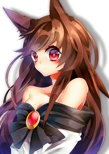 Anime picture 800x1130 with touhou imaizumi kagerou kyouda suzuka single long hair tall image looking at viewer blush simple background red eyes brown hair white background bare shoulders animal ears shadow wolf ears girl dress