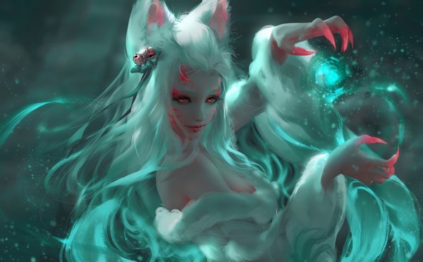 Anime picture 3000x1858 with league of legends ahri (league of legends) spirit blossom ahri nixeu single long hair looking at viewer highres smile wide image bare shoulders animal ears upper body traditional clothes japanese clothes arm up lips realistic off shoulder aqua hair