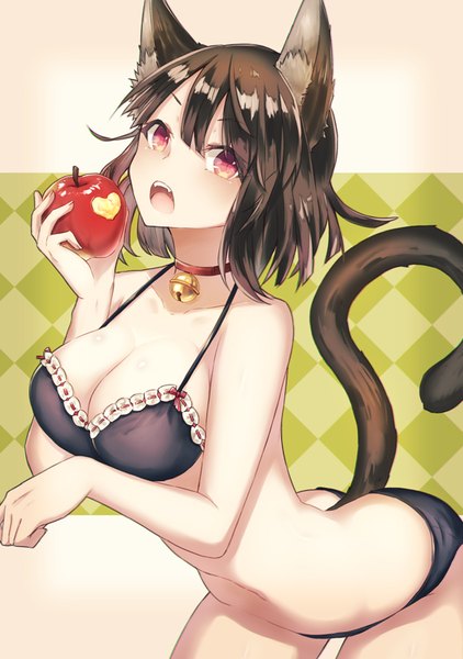 Anime picture 563x800 with original kaio (watagami) single tall image looking at viewer fringe short hair breasts open mouth light erotic brown hair large breasts bare shoulders animal ears yellow eyes tail animal tail pink eyes cat ears cat tail