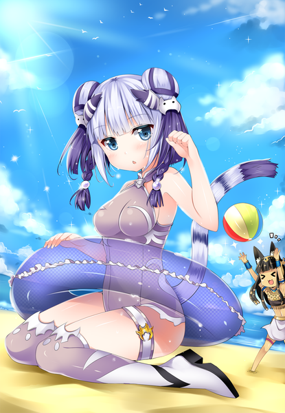 Anime picture 1039x1500 with puzzle & dragons haku (p&d) bastet (p&d) usagihime long hair tall image looking at viewer blush short hair open mouth blue eyes light erotic black hair multiple girls animal ears sky cloud (clouds) white hair tail animal tail