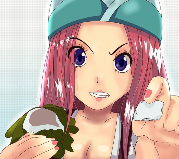 Anime picture 1401x1240 with one piece toei animation jewelry bonnie bonfurai single long hair looking at viewer purple eyes red hair grin girl food headdress wagashi mochi kashiwa mochi