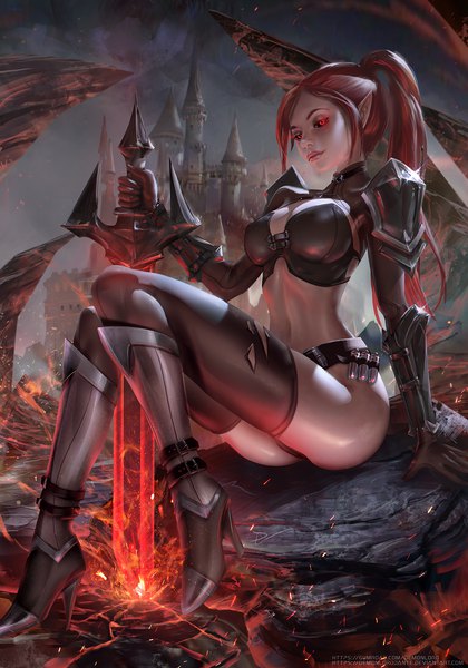 Anime picture 840x1200 with original demonlord single long hair tall image breasts light erotic red eyes sitting holding payot looking away full body outdoors ponytail red hair pointy ears realistic night arm support