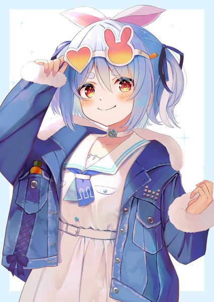 Anime picture 1451x2048 with virtual youtuber hololive usada pekora usada pekora (casual) buket pudding i single tall image looking at viewer blush fringe short hair smile hair between eyes red eyes blue hair open jacket two side up official alternate costume eyebrows sunglasses on head