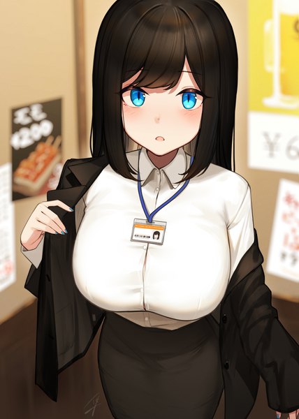 Anime picture 1042x1461 with original blue-eyed girl (hayabusa) hayabusa single long hair tall image looking at viewer blush fringe breasts open mouth blue eyes black hair large breasts standing signed payot indoors long sleeves nail polish