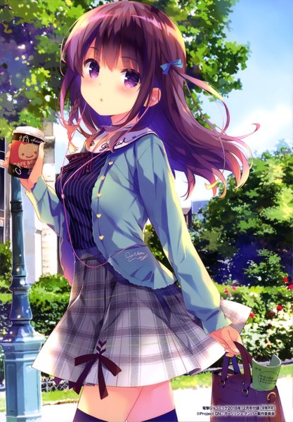 Anime picture 2461x3542 with girlish number karasuma chitose (giarlish number) ohara tometa single long hair tall image looking at viewer highres brown hair purple eyes holding sky outdoors sunlight walking girl uniform hair ornament plant (plants) school uniform