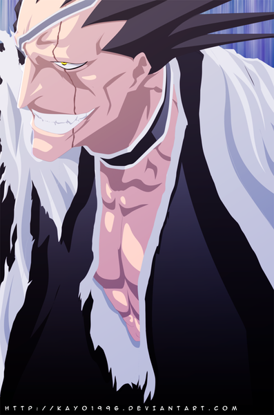 Anime picture 1000x1509 with bleach studio pierrot zaraki kenpachi kayodedhoko kayo1996 single long hair tall image black hair smile yellow eyes japanese clothes grin torn clothes coloring scar muscle boy kimono eyepatch