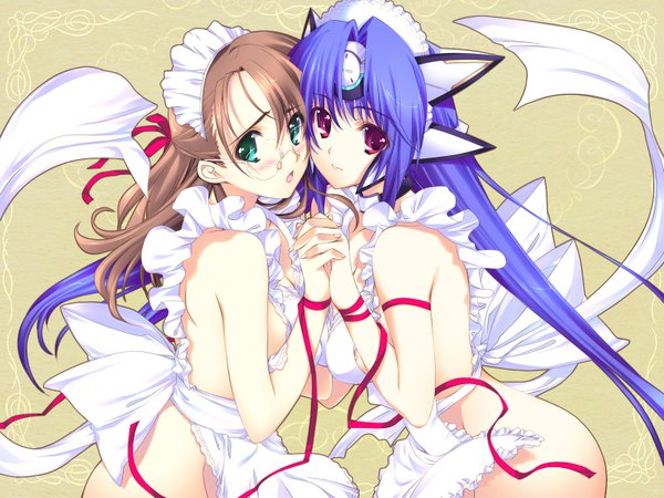 Anime picture 1600x1200 with xenosaga monolith software kos-mos shion uzuki iizuki tasuku long hair blush open mouth blue eyes light erotic red eyes brown hair multiple girls blue hair naked apron girl ribbon (ribbons) 2 girls glasses headdress