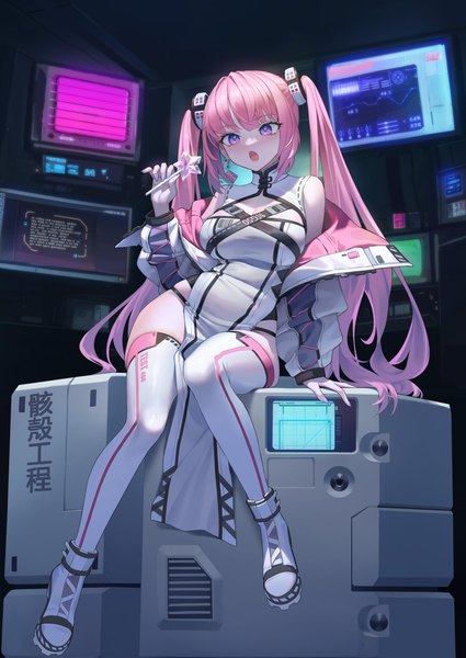 Anime picture 3664x5168 with original xzu single long hair tall image looking at viewer fringe highres breasts open mouth light erotic sitting purple eyes twintails holding pink hair absurdres full body blunt bangs nail polish
