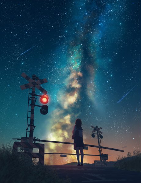 Anime picture 3840x5000 with original tamaki (tamaki illust) single long hair tall image highres black hair standing absurdres pleated skirt from behind night from below night sky looking up scenic revision shooting star milky way railroad crossing