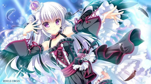 Anime picture 800x450 with d.s. -dal segno- circus (studio) kouzuki io single long hair looking at viewer blush fringe wide image purple eyes bare shoulders game cg silver hair light smile sparkle dutch angle outstretched arm lolita fashion goth-loli 2015