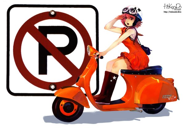 イラスト 1024x711 と オリジナル hokoodo 短い髪 開いた口 白背景 赤髪 敬礼 女の子 長靴 サラファン ゴーグル ヘルメット オートバイ traffic sign motorcycle helmet
