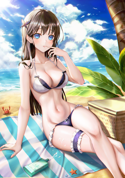 Anime picture 3440x4900 with original eichi (skskdi12z) single long hair tall image looking at viewer blush fringe highres breasts blue eyes light erotic black hair large breasts sitting absurdres sky cloud (clouds) bent knee (knees) parted lips