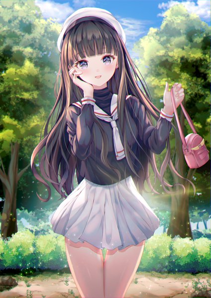 Anime picture 2315x3274 with card captor sakura clamp daidouji tomoyo bnari single long hair tall image looking at viewer blush fringe highres open mouth blue eyes black hair smile standing holding sky cloud (clouds) outdoors