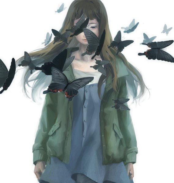 Anime picture 1308x1378 with original tunapon01 single long hair tall image fringe blue eyes black hair simple background brown hair white background lips looking down girl insect butterfly cardigan