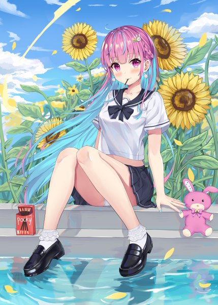 Anime picture 4441x6213 with virtual youtuber hololive minato aqua hokori sakuni single long hair tall image looking at viewer blush fringe highres breasts light erotic sitting blue hair pink hair absurdres sky cloud (clouds) full body