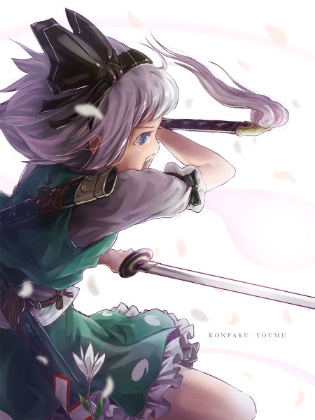 Anime picture 900x1200 with touhou konpaku youmu satyuas single tall image short hair blue eyes holding silver hair profile character names fighting stance dual wielding screaming girl skirt weapon petals sword hairband