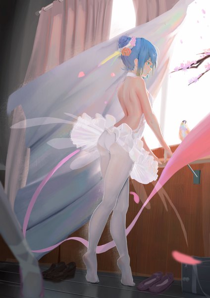 Anime picture 2480x3508 with original ring my bell single tall image fringe highres short hair blue eyes light erotic standing payot blue hair looking away full body ass indoors hair flower wind blurry arm support