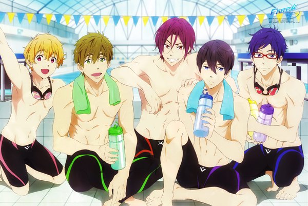 Anime picture 3735x2500 with free! kyoto animation matsuoka rin nanase haruka (free!) tachibana makoto hazuki nagisa ryugazaki rei tagme (artist) looking at viewer highres short hair open mouth blue eyes black hair blonde hair smile red eyes brown hair sitting purple eyes