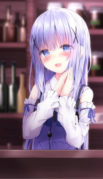 Anime picture 936x1616 with gochuumon wa usagi desu ka? white fox kafuu chino kouda suzu single long hair tall image looking at viewer blush fringe open mouth blue eyes smile hair between eyes standing payot purple hair upper body blunt bangs :d